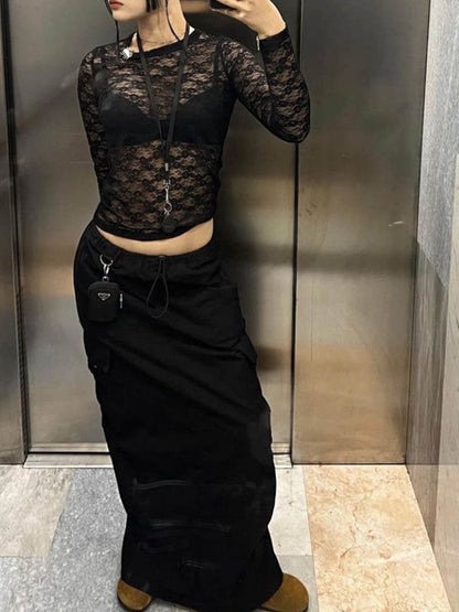 Frauen Oberteil Langarm Spitze Elegant