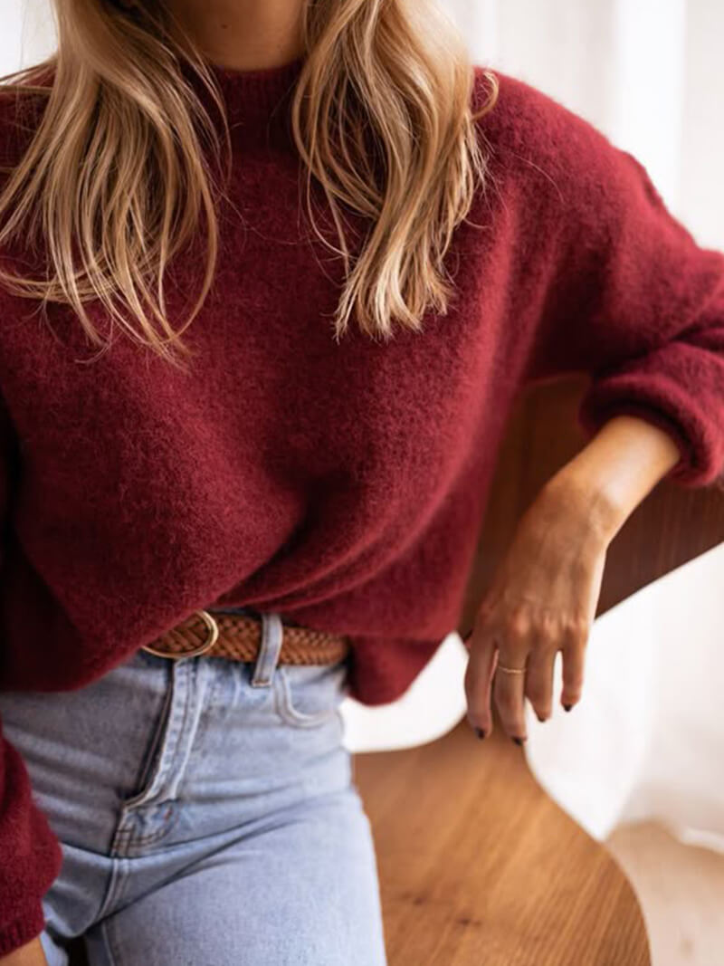 Damen Pullover Warm Strick Rundhals Bordeaux