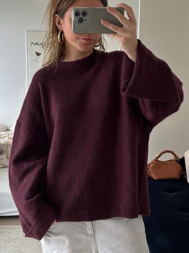 Damen Pullover Warm Strick Rundhals Bordeaux