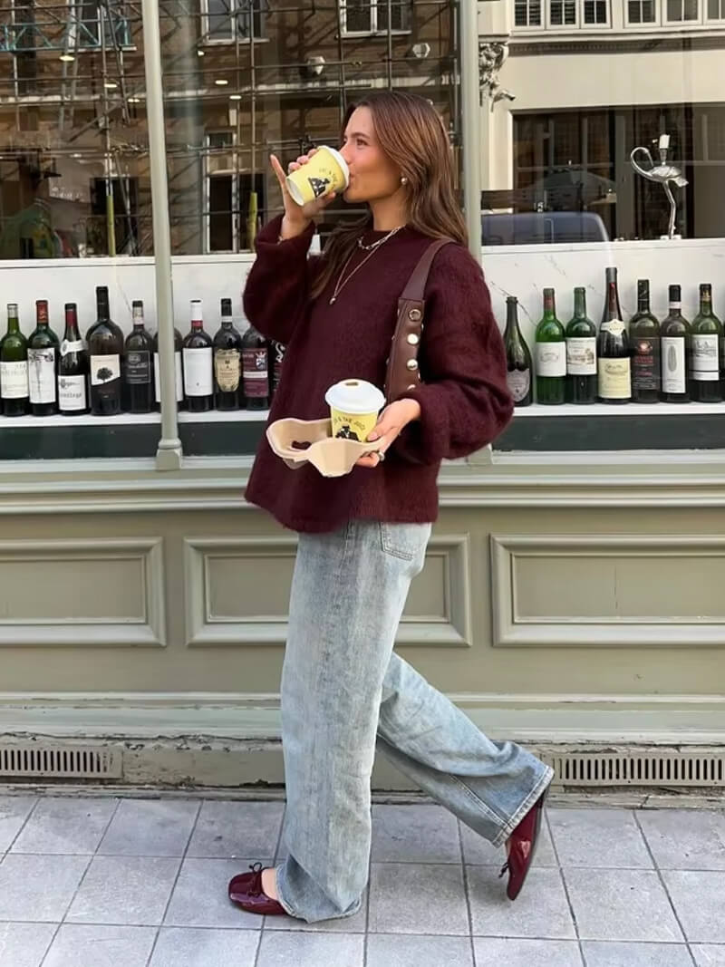 Damen Pullover Warm Strick Rundhals Bordeaux