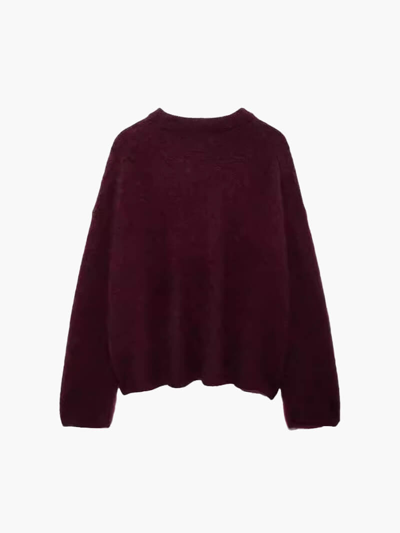 Damen Pullover Warm Strick Rundhals Bordeaux - BerlinGlamour