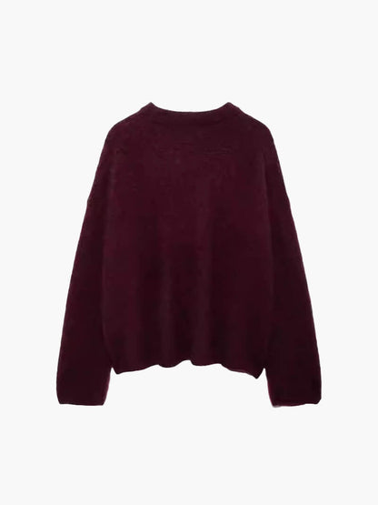 Damen Pullover Warm Strick Rundhals Bordeaux - BerlinGlamour