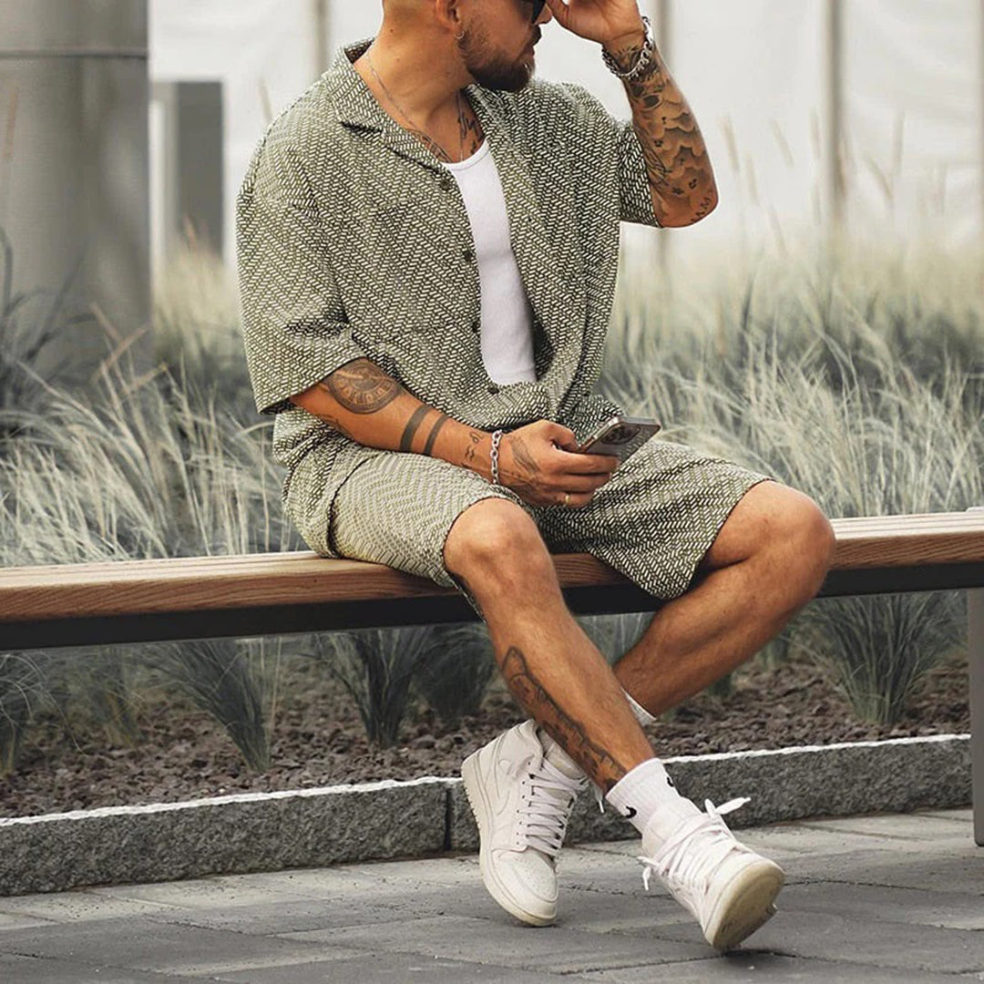 Sommer-Set für Männer | Kurzarm | Knopfleiste | Zweiteiliges Set | Shorts und Hemd-Chaps Herrenmode