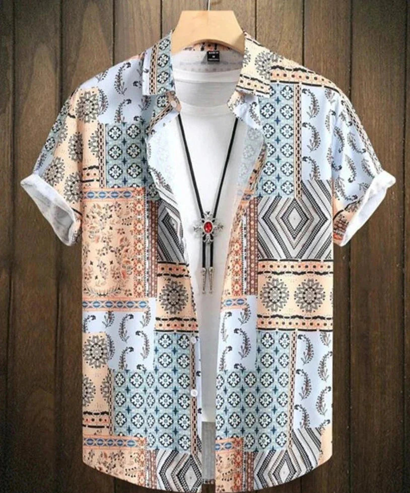 Sommerhemd | Bedruckt | Knopfleiste | Hawaiihemd | Kurzarmhemd-Weiß-L-Chaps Herrenmode