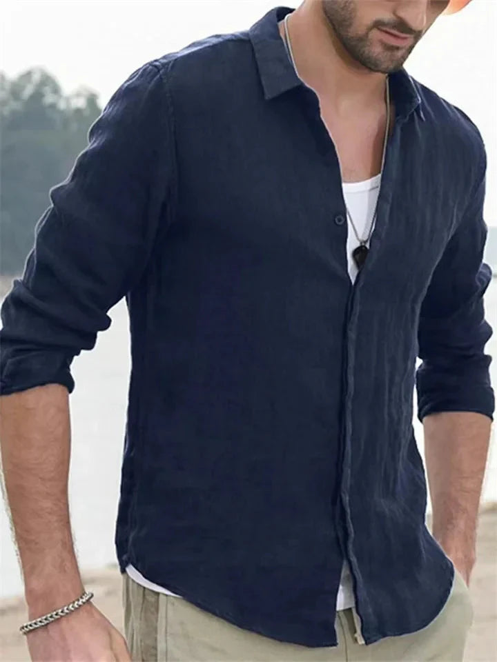 Sommerhemd - Leichtes Leinenhemd mit langen Ärmeln und Knopfleiste für Herren-Blau-S-Chaps Herrenmode