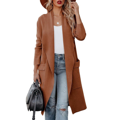 Damen Cardigan Lang Offen Vorderseite mit Taschen