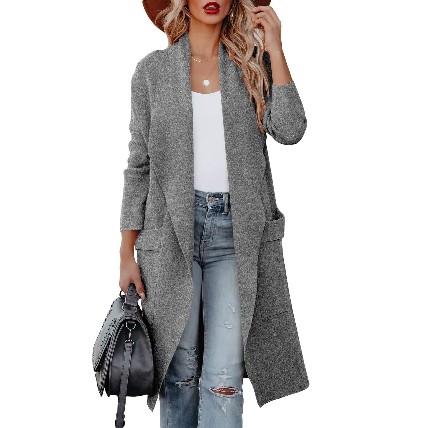 Damen Cardigan Lang Offen Vorderseite mit Taschen