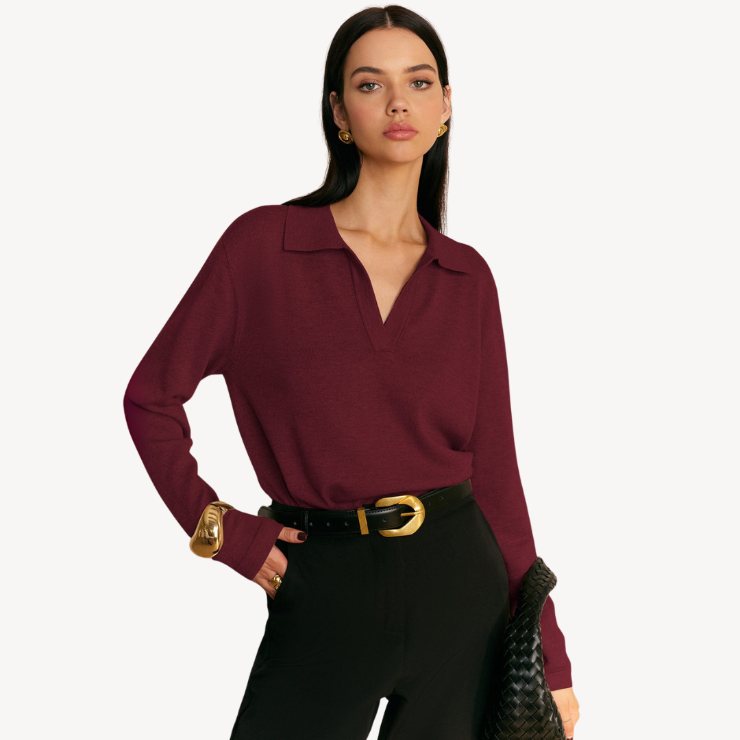Strick-Langarm-Polopullover mit V-Ausschnitt für Damen | Loravelle 6
