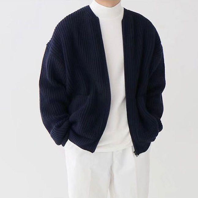 Strickjacke – Grob gestrickte Herrenjacke mit durchgehendem Reißverschluss und Taschen-Marineblau-S-Chaps Herrenmode