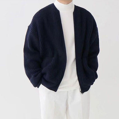 Strickjacke – Grob gestrickte Herrenjacke mit durchgehendem Reißverschluss und Taschen-Marineblau-S-Chaps Herrenmode