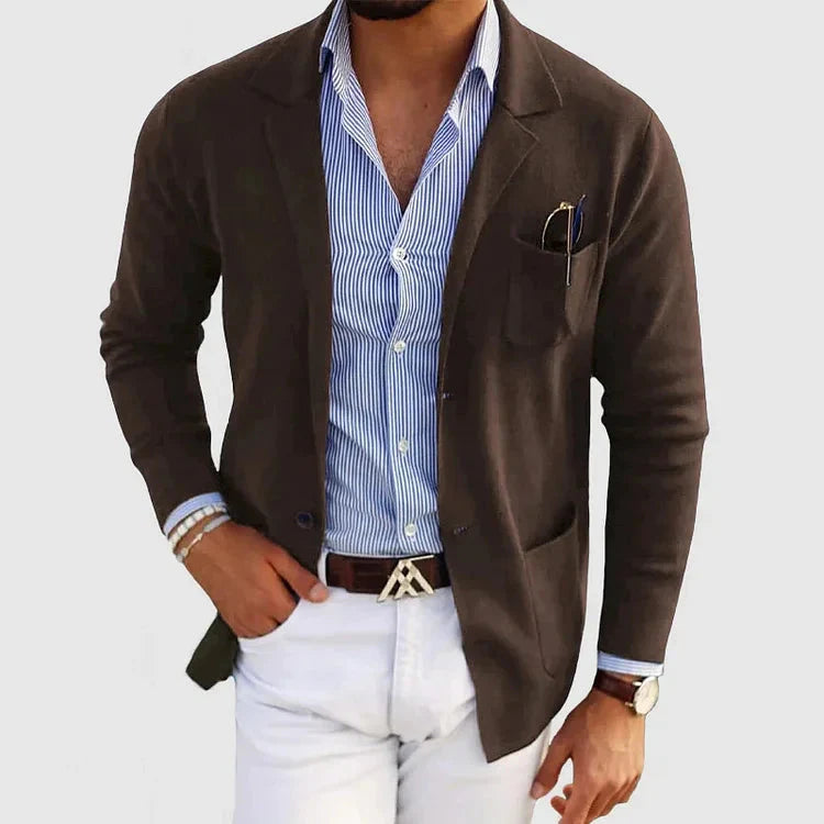 Strickjacke - Langärmelige Strickjacke mit Knopfleiste und Taschen für Männer-Braun-XS-Chaps Herrenmode