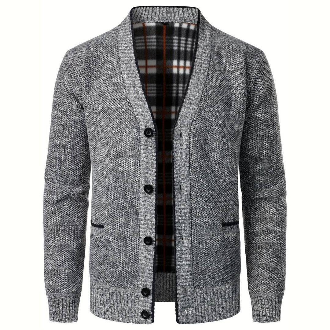 Herren Strickjacke Karo Futter V-Ausschnitt Knopfleiste - BerlinGlamour