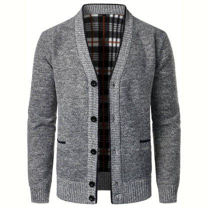 Herren Strickjacke Karo Futter V-Ausschnitt Knopfleiste - BerlinGlamour
