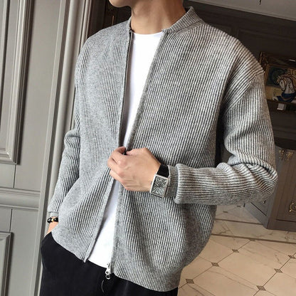 Strickjacke mit Reißverschluss | Rippstrick | Durchgehender Reißverschluss | Gestrickte Strickjacke | Herren-Strickjacke-Grau-M-Chaps Herrenmode