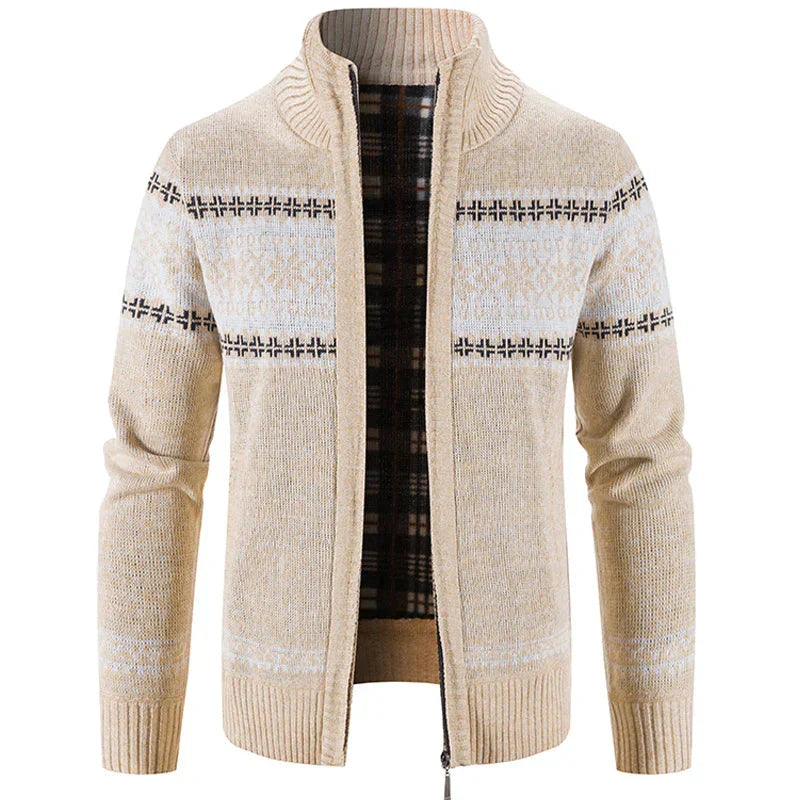 Strickjacke – warme Herren-Winterjacke mit Stehkragen und durchgehendem Reißverschluss-Beige-S-Chaps Herrenmode