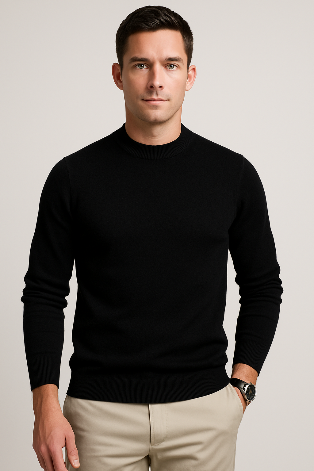 Strickpullover | Einfarbig | Rundhalsausschnitt | Pullover | Herrenpullover-Schwarz-S-Chaps Herrenmode