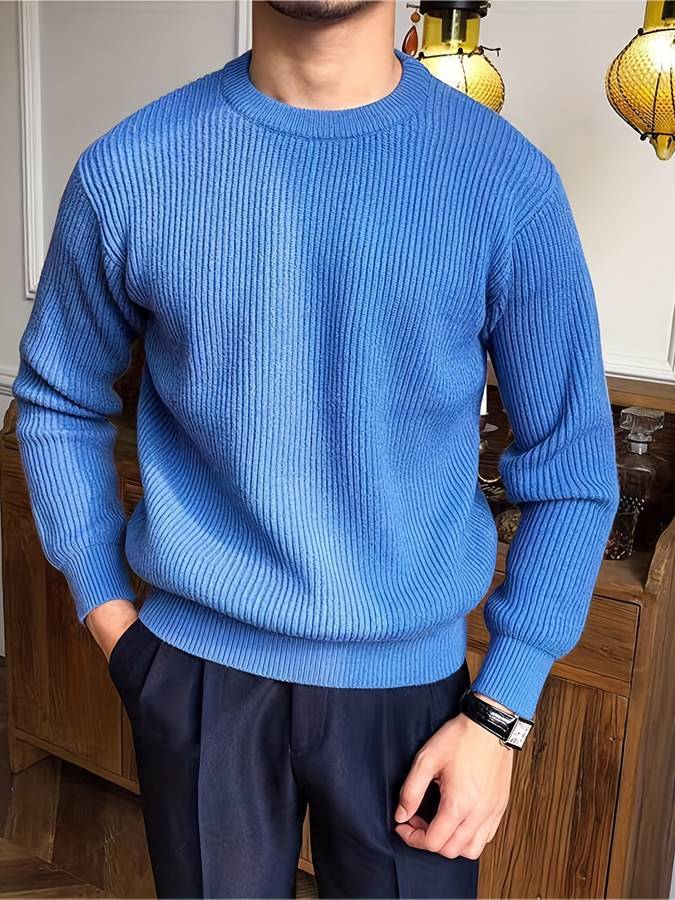 Strickpullover - Lässiger Herren Pullover mit Rundhalsausschnitt aus Rippenstrick-Blau-S-Chaps Herrenmode