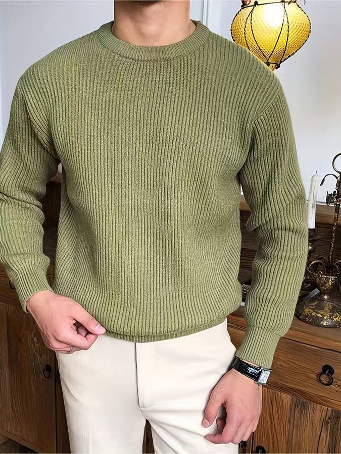 Strickpullover - Lässiger Herren Pullover mit Rundhalsausschnitt aus Rippenstrick-Grün-S-Chaps Herrenmode