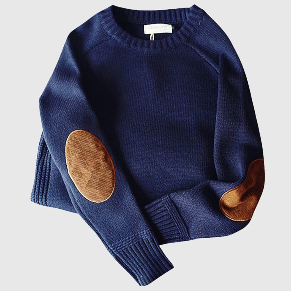 Strickpullover – Rundhalsausschnitt – Ellbogenpatches – Pullover – Herrenpullover-Blau-XS-Chaps Herrenmode