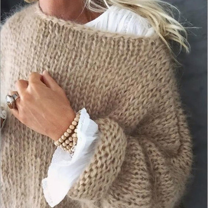 Damen Pullover Grob Gestrickt Oversize U-Boot Ausschnitt
