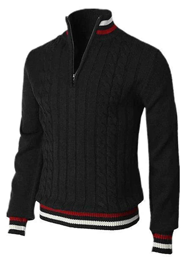 Strickpullover - Zopfstrick - Stehkragen - Half Zip Pullover-Schwarz-S-Chaps Herrenmode