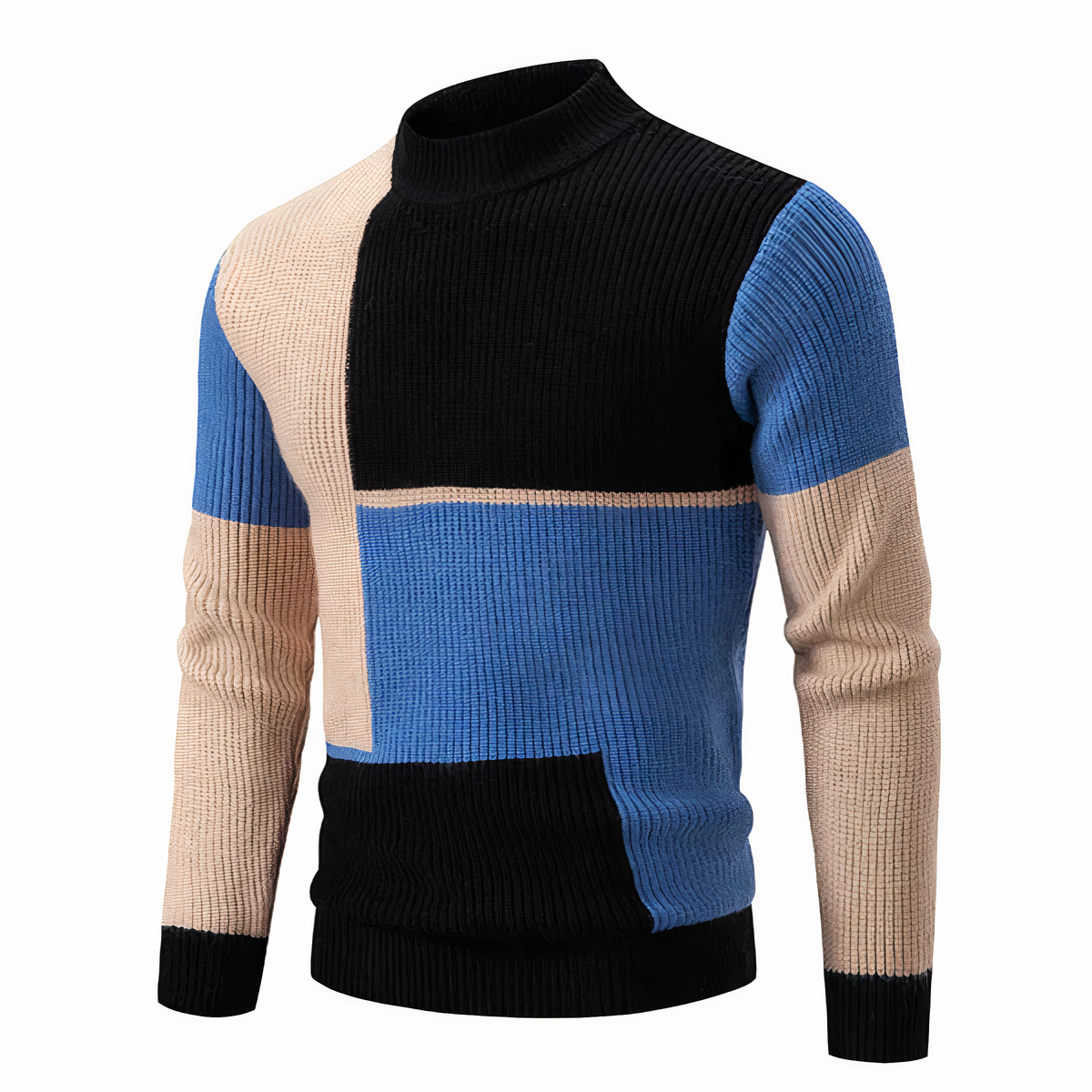 Herren Strickpullover Slim Fit Hochkragen Patchwork - BerlinGlamour