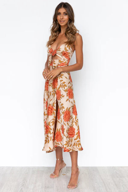Sommerkleid Satin Blumenmuster Cut-Out Spitzen