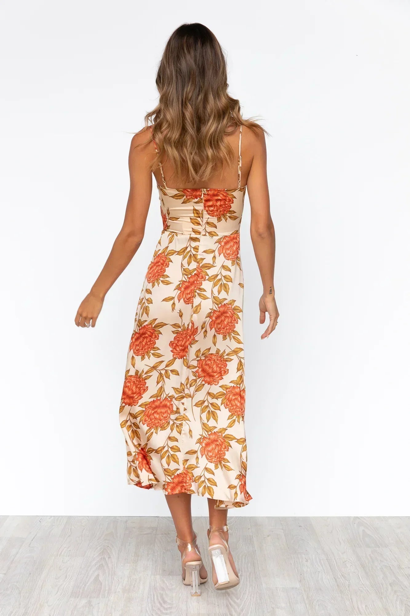 Sommerkleid Satin Blumenmuster Cut-Out Spitzen