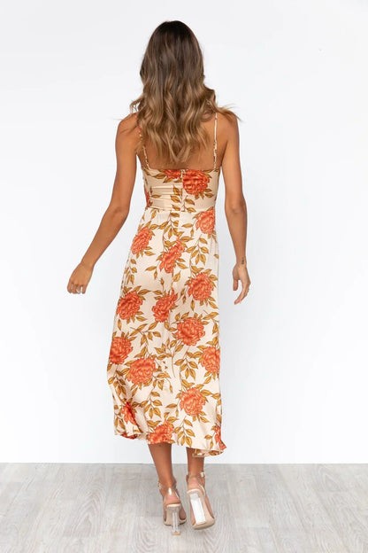 Sommerkleid Satin Blumenmuster Cut-Out Spitzen