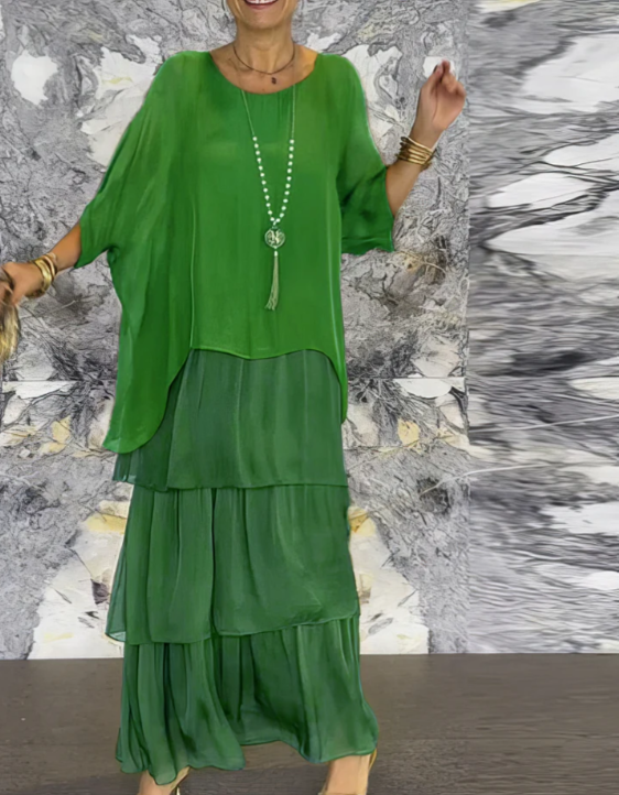 Elegantes Maxikleid Rundhals Ausschnitt Lang Frauenkleid
