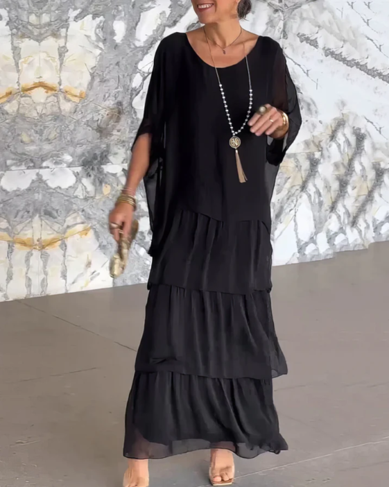 Elegantes Maxikleid Rundhals Ausschnitt Lang Frauenkleid