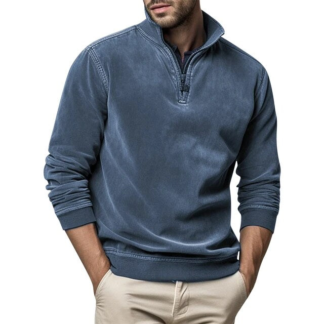 Sweatshirt mit Viertelreißverschluss - Herren lässiger Half-Zip Pullover-Blau-S-Chaps Herrenmode