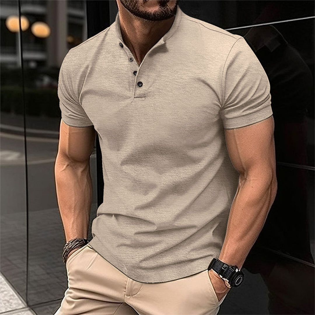 T-Shirt - Lässiges, schlichtes T-Shirt mit Knopfleiste für Männer-Khaki-S-Chaps Herrenmode
