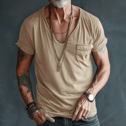 T-Shirt – Leicht – Normale Passform – T-Shirt mit V-Ausschnitt – Herrenhemden-Khaki-S-Chaps Herrenmode