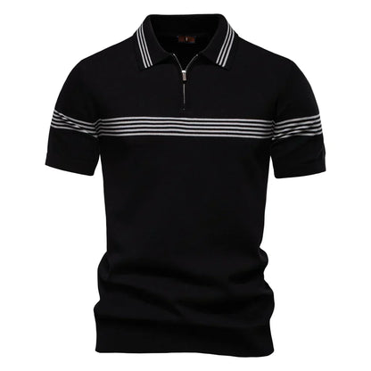 T-Shirt mit Kragen | Gestrickt | Viertel-Reißverschluss | Polo-T-Shirt | Herren-Poloshirt-Schwarz-S-Chaps Herrenmode