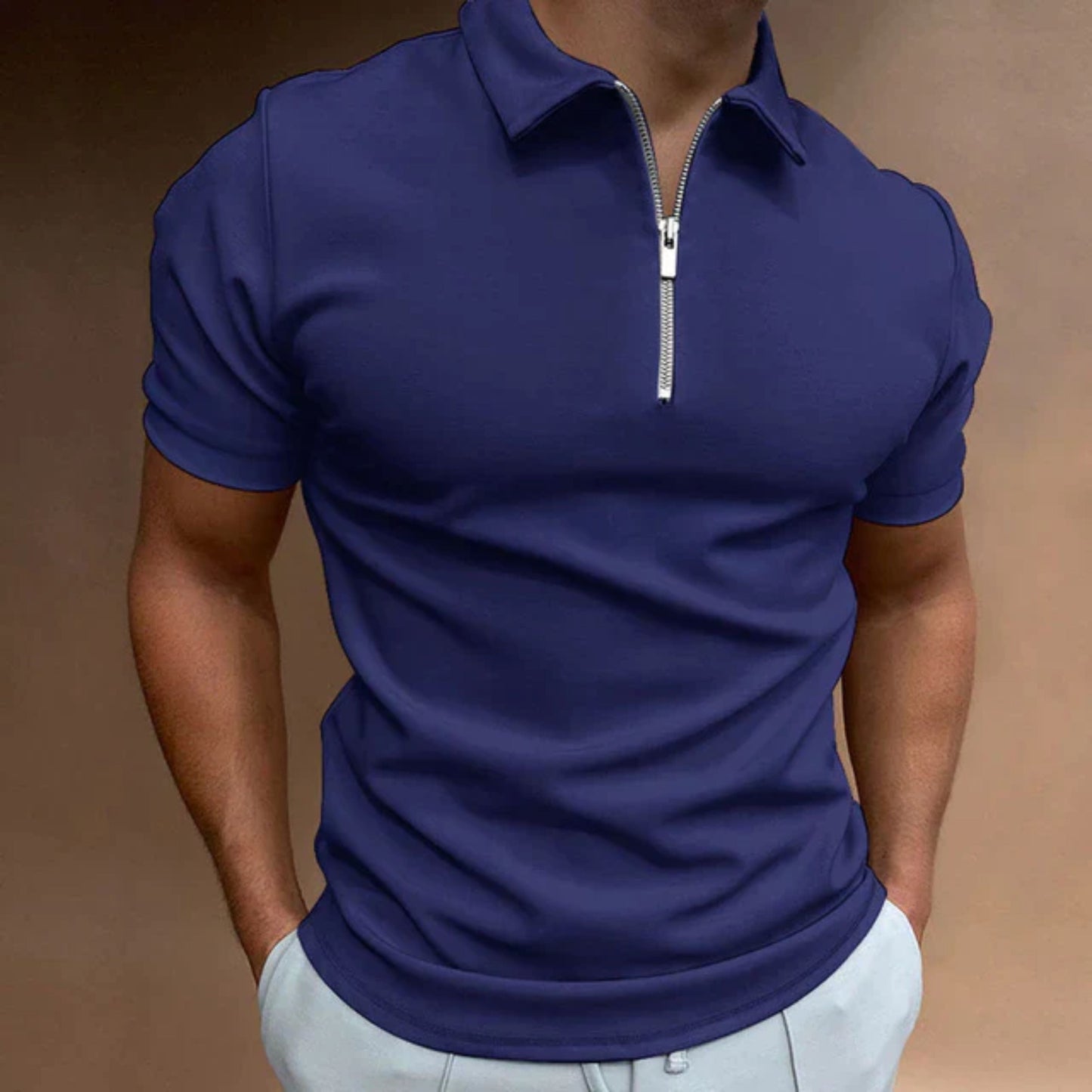 T-Shirt mit Kragen | Quarter Zip | Kurzarm | Polo-Shirt mit Reißverschluss | Polo-Shirts für Männer-Dunkelblau-S-Chaps Herrenmode