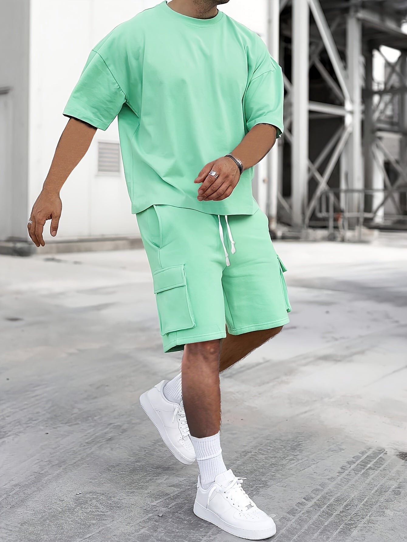 T-Shirt und Shorts im Set | Cargoshorts | Oversized | Zweiteiliges Set | Herrenbekleidung-Hellgrün-S-Chaps Herrenmode