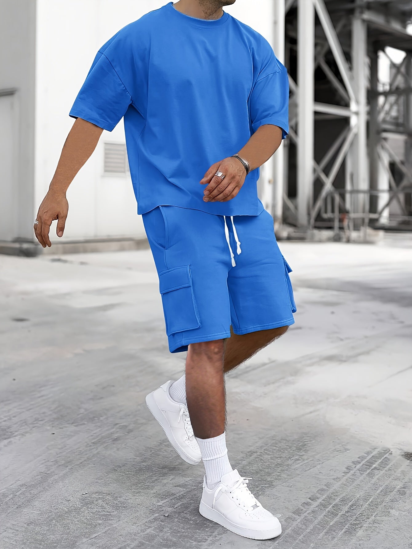 T-Shirt und Shorts im Set | Cargoshorts | Oversized | Zweiteiliges Set | Herrenbekleidung-Königsblau-S-Chaps Herrenmode