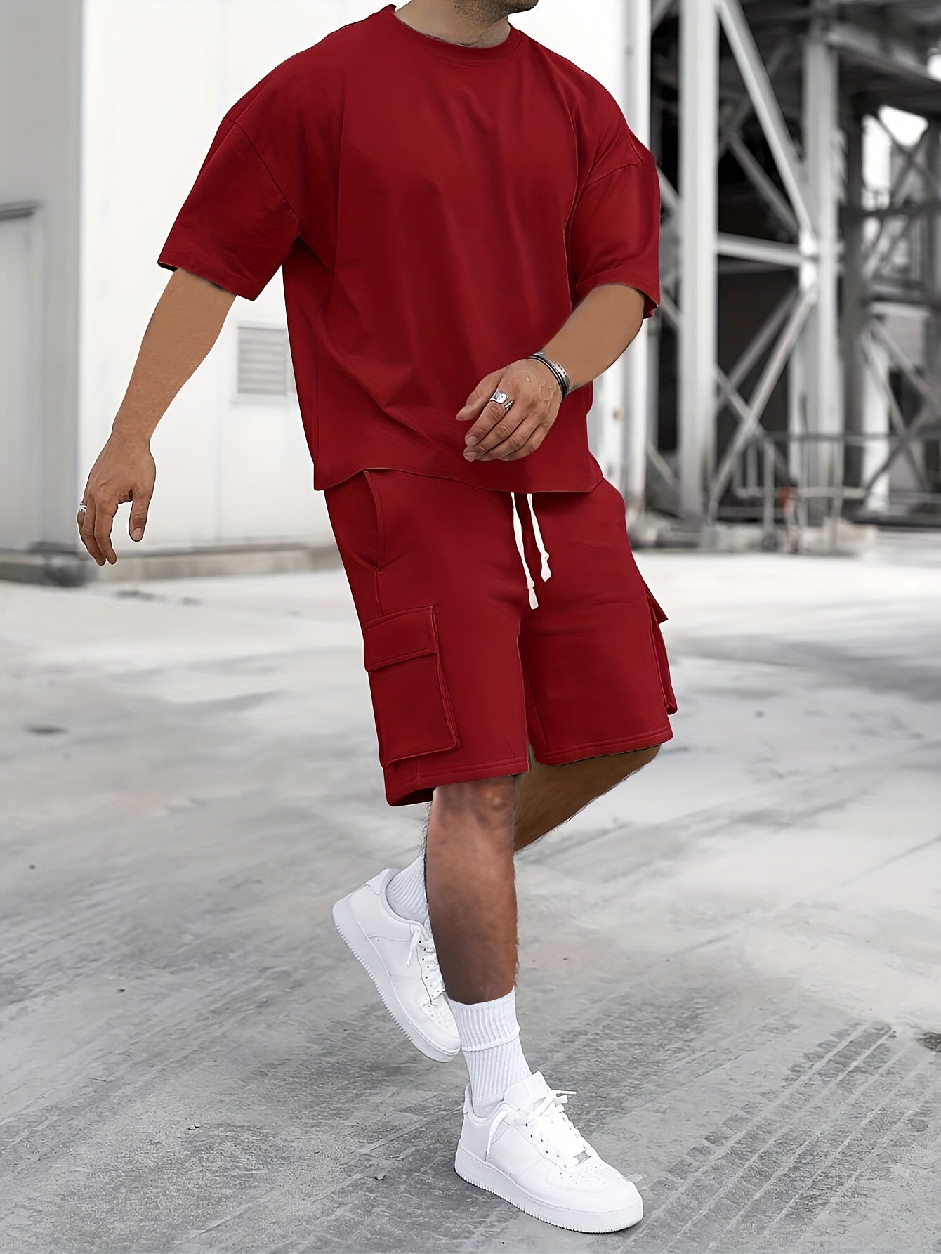 T-Shirt und Shorts im Set | Cargoshorts | Oversized | Zweiteiliges Set | Herrenbekleidung-Purpurrot-S-Chaps Herrenmode