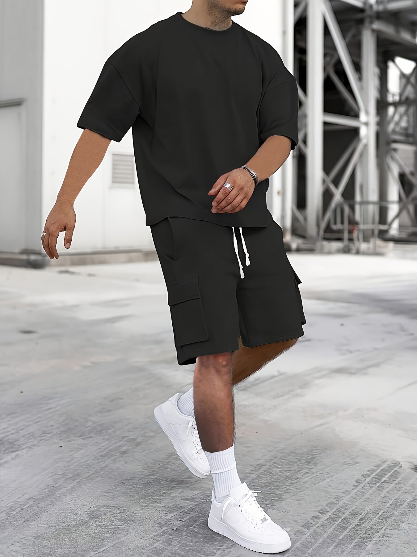 T-Shirt und Shorts im Set | Cargoshorts | Oversized | Zweiteiliges Set | Herrenbekleidung-Schwarz-S-Chaps Herrenmode