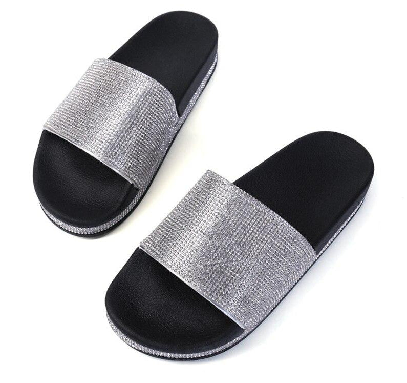 Diamant Slides Sandalen mit Kristall Besatz Glamour