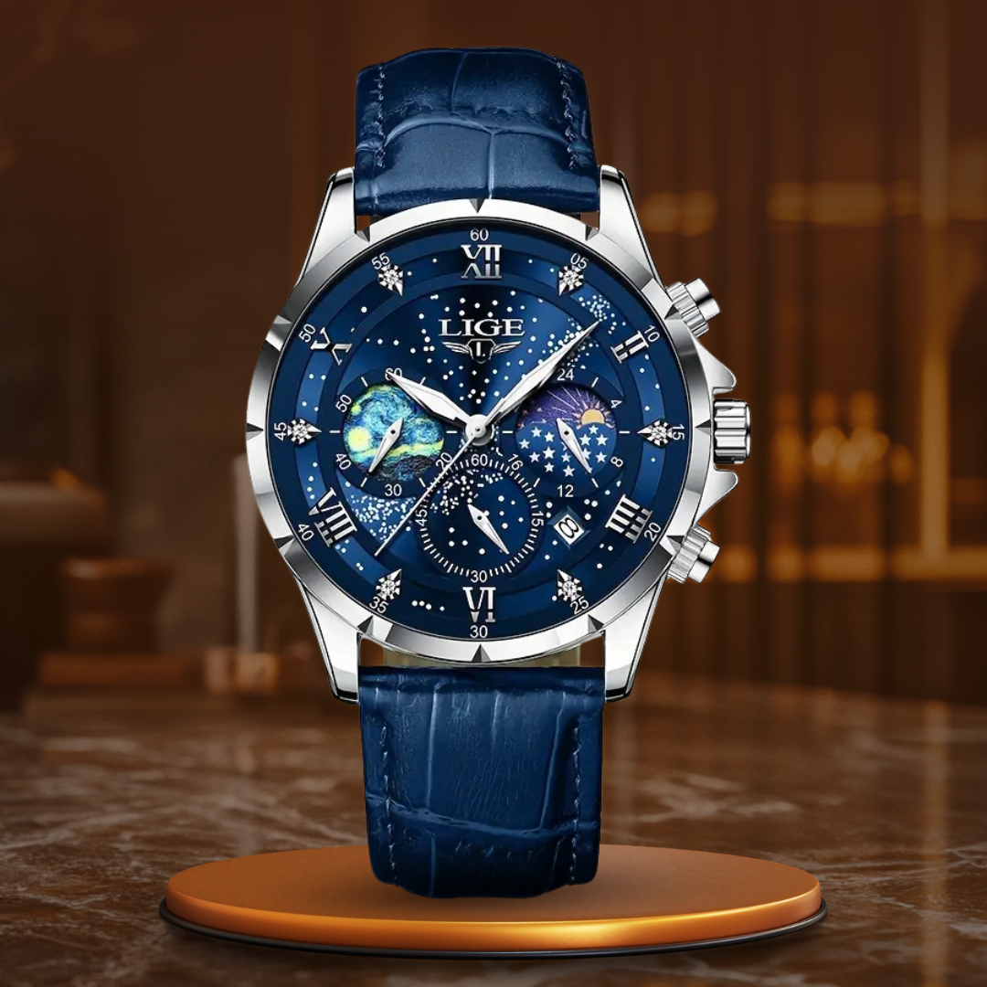 Herren Armbanduhr Mondphase Edelstahl Schwarz