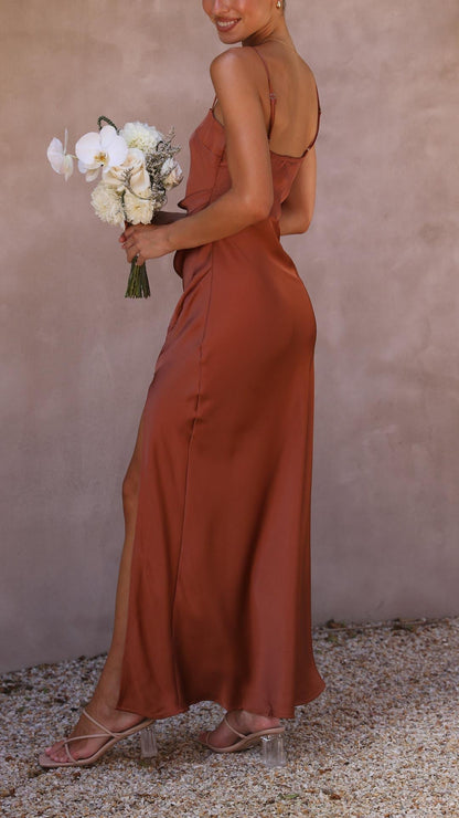 Elegantes Satin Maxikleid Plissiert Quadrat Ausschnitt