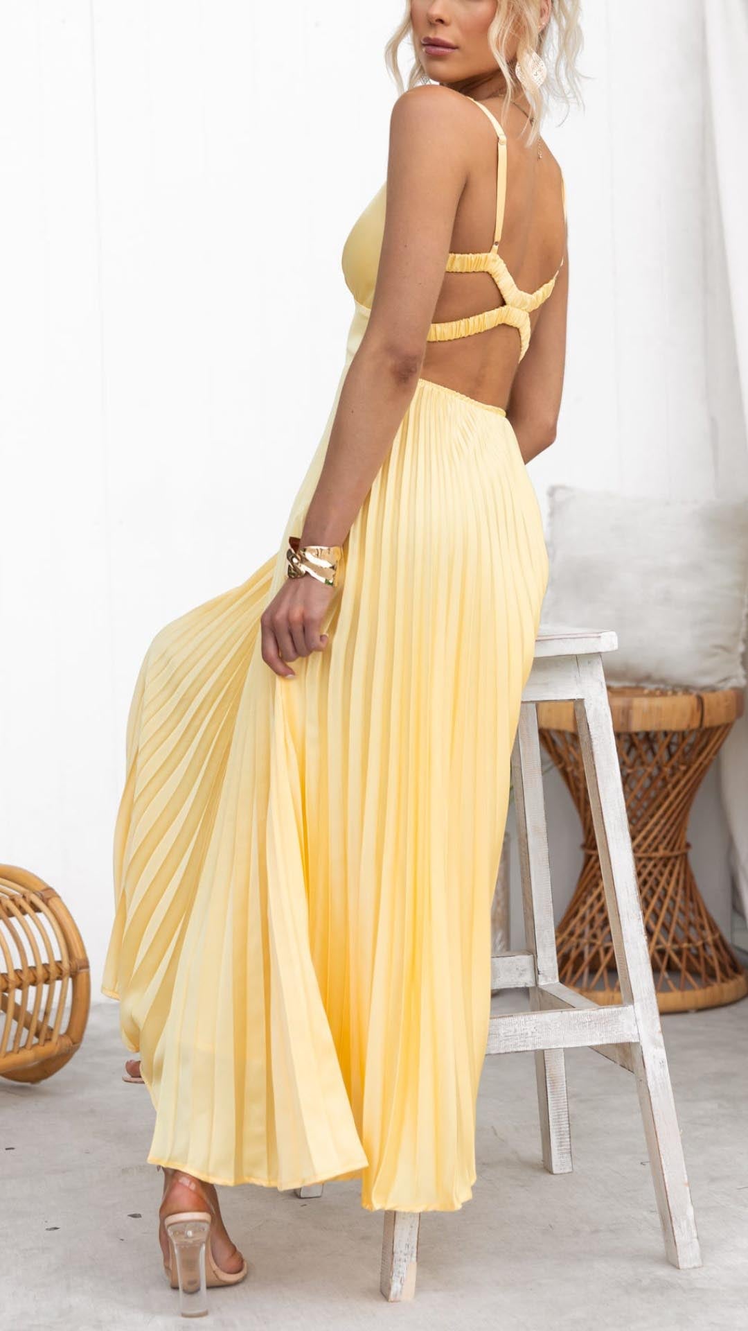 Damen Maxikleid Lang V-Ausschnitt Plissiert Elegant