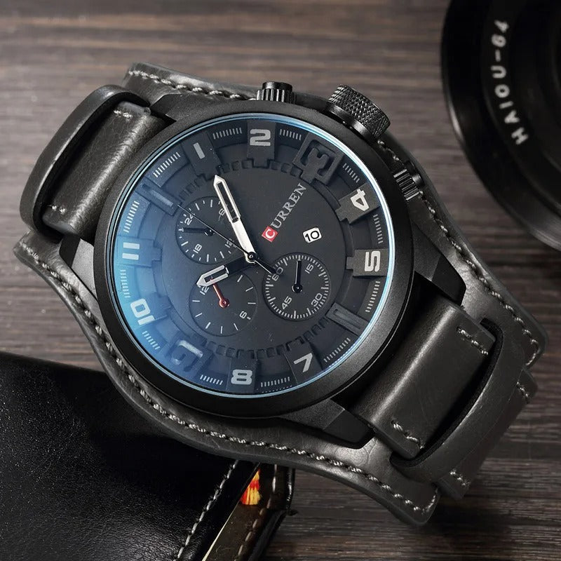 Herren Armbanduhr Chronograph Leder Schwarz Elegent