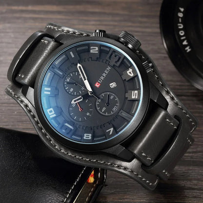 Herren Armbanduhr Chronograph Leder Schwarz Elegent