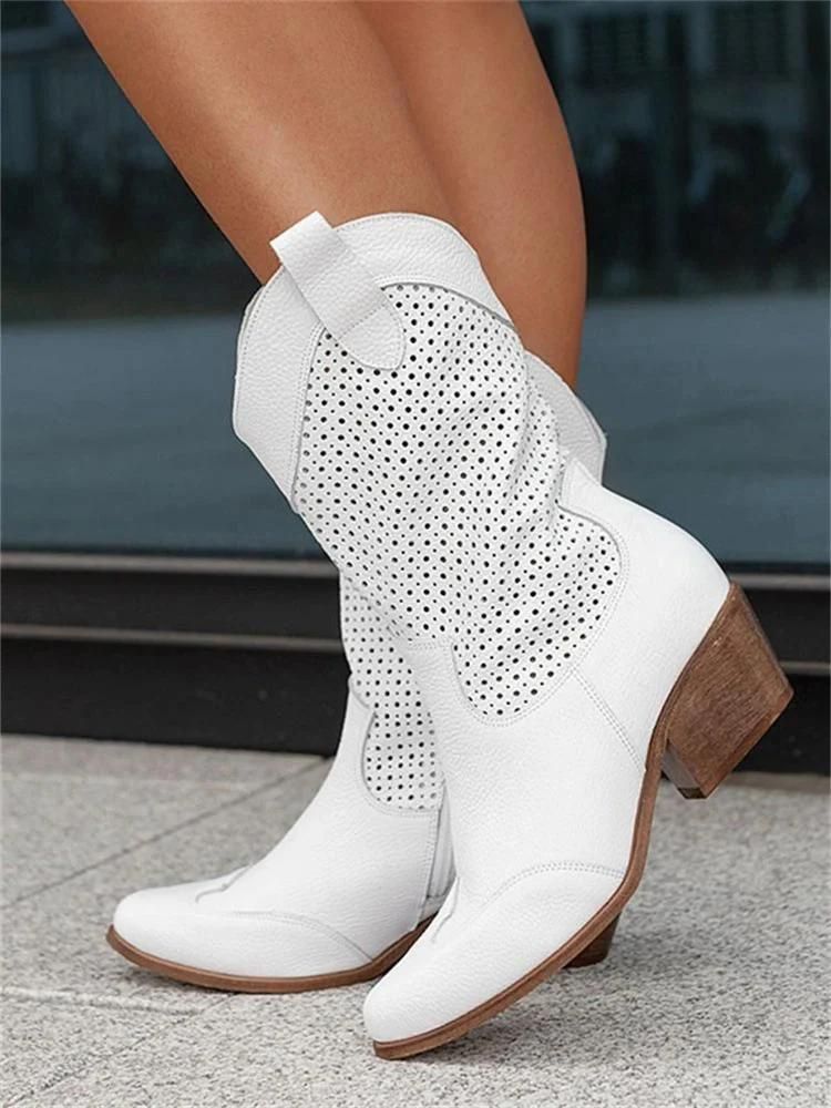 Damenstiefel Cowboy-Stil Perforiert mit Blockabsatz - BerlinGlamour