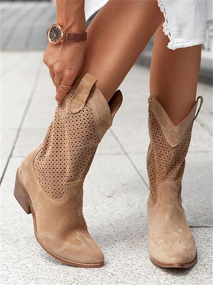 Damenstiefel Cowboy-Stil Perforiert mit Blockabsatz