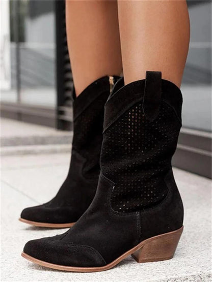 Damenstiefel Cowboy-Stil Perforiert mit Blockabsatz