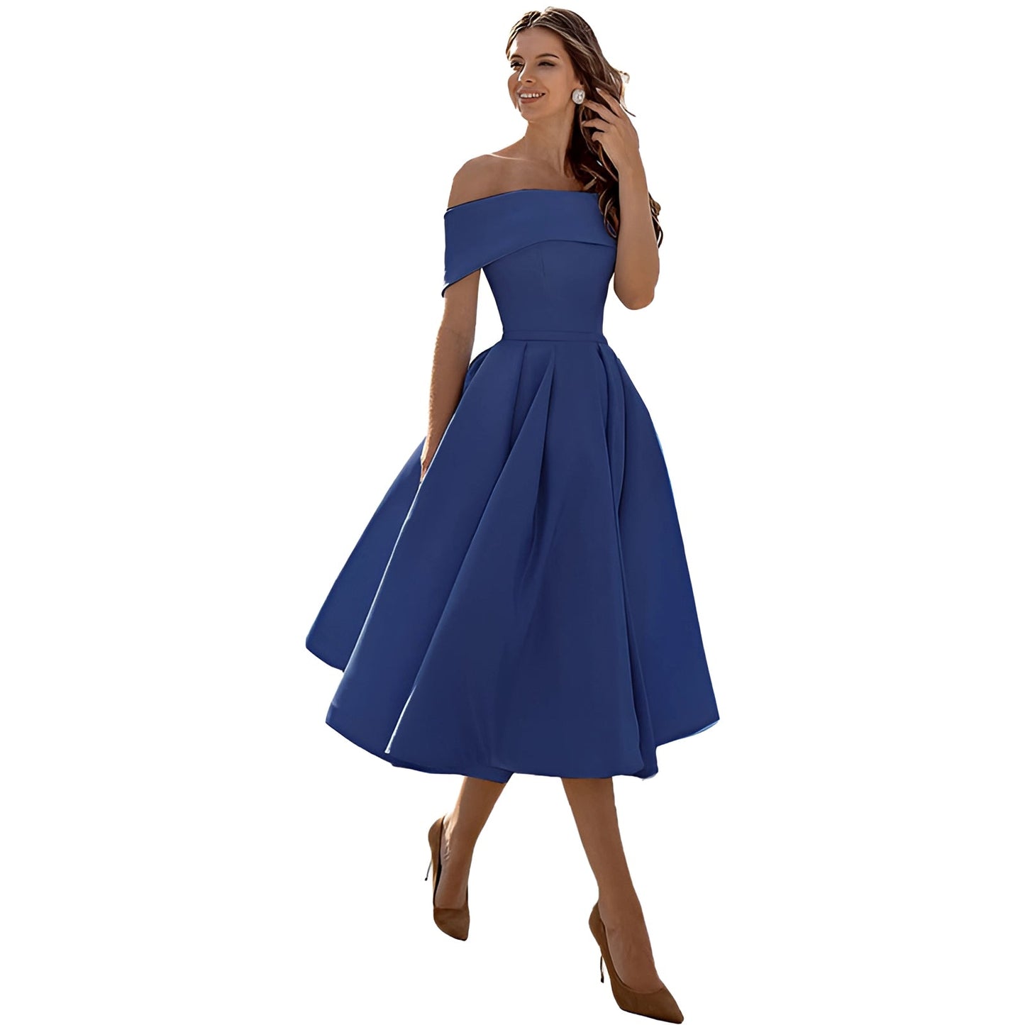 Himmelblaues Satin Off-Shoulder Kleid von BerlinGlamour